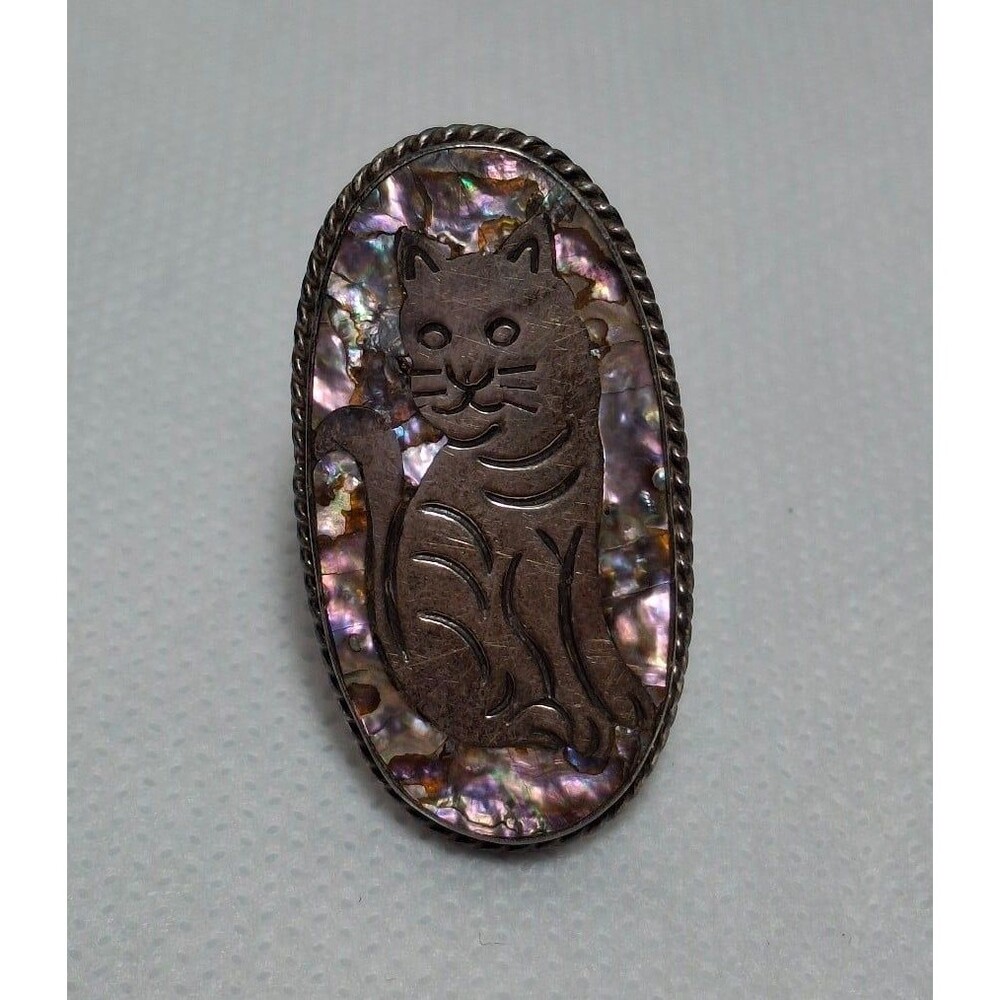 Vintage 925 Sterling Silver Abalone Shell Cat Ring, Hecho en Mexico, Size 8.
